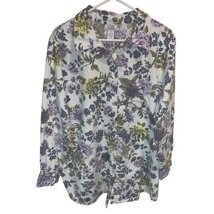 Purple Floral Button Up Shirt‎ Long Sleeve Women's Plus Size 1X Cottage Garden
